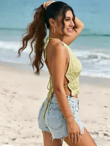 Blush Pink Gingham Boho Sleeveless Halter Neck Backless Ruched Fitted Crop Top Beach Cover-Up Soft Pink Tiered Ruched Halter Top Summer Vacation Cami Gentle Pink Back Tie Ruched Halter Crop Top Resort Wear Aesthetic Vibe Womenswear Halter Neck Tank