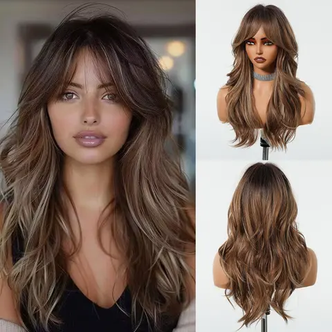 22inchbrown Wavy Wig with Curtain Bangs 99% Realistic Scalp Breathable Adjustable Net Cap High-Temp Synthetic Fiber Long Layered Waves Pre Styled Wig
