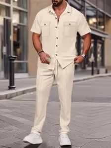 New Men's Casual Gingham Workwear Jacket, Collared Top, Long Pants, Short Sleeves, Two-Piece Set, Spring & Fall Fashion