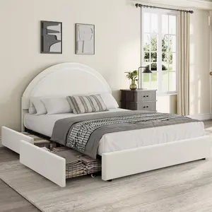 Platform bed frame with comfort ring plush upholstery and 2 storage drawers - rounded headboard - sturdy wooden slat bed frame - quiet and durable - no need for seasonal airing