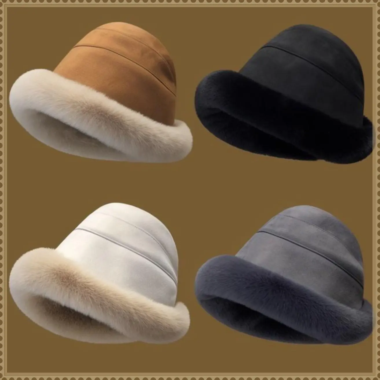 Women Winter Furry Bucket Hat Rolled Brim Faux Fur Cloche Hat with Fleece Lining