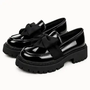 GeeYea women’s Black Bow Platform Loafers, Chunky Lug Sole Slip-On Shoes with Patent PU Upper, Fabric Lining & PVC Sole, Fashion Office, Streetwear & Fall Winter Shoes