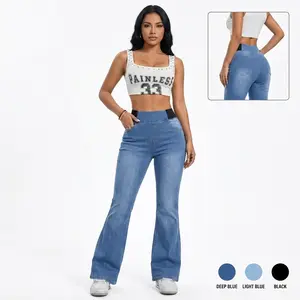 Women’s Jeans High Waist Jeans Tummy Control Flared Jeans with Stretchy Waistband Slim Fit Denim Pants for Casual Wear Street Style Waistband Slim Fit for Comfortable Everyday Wear Streetwear Basic Minimalist Bottom Womenswear