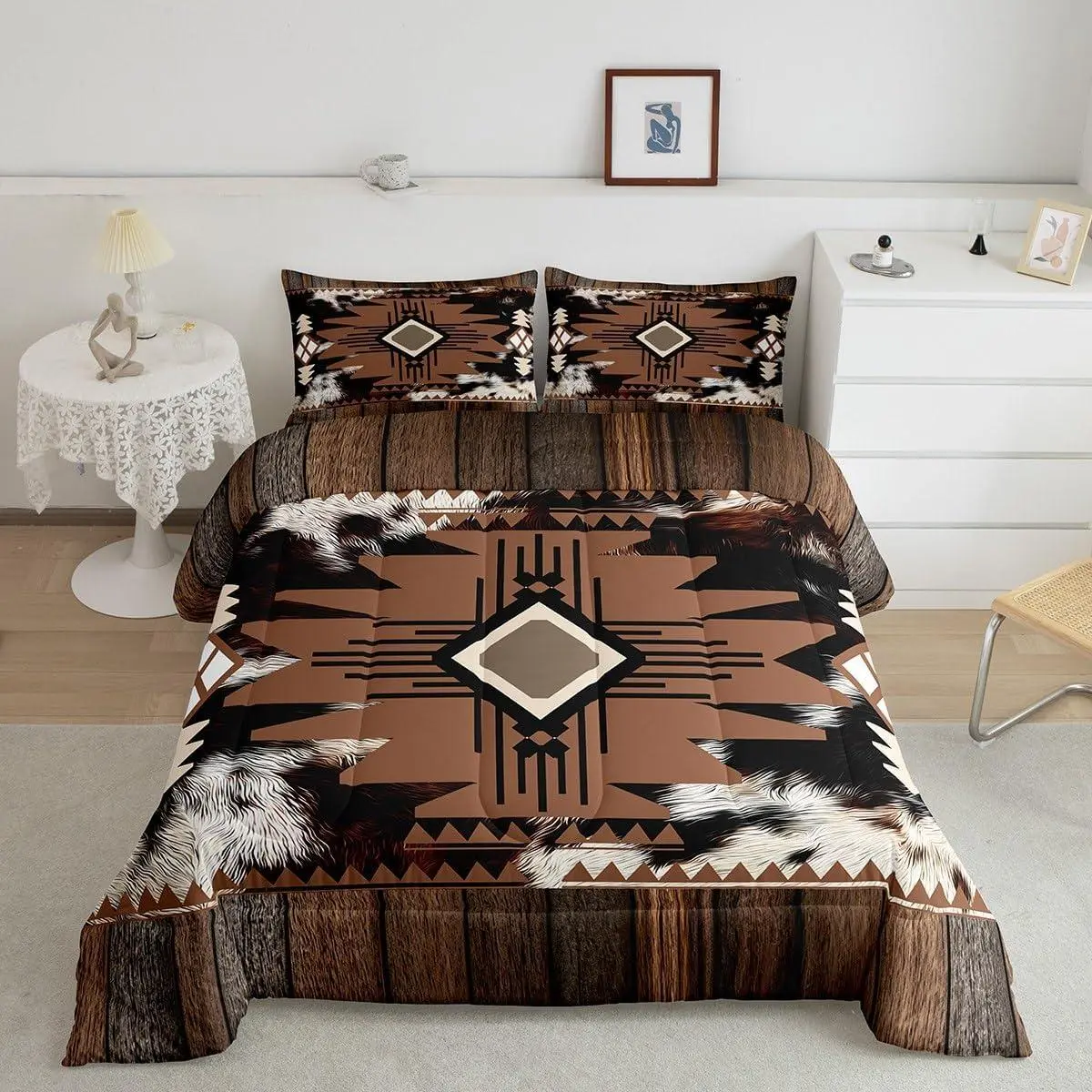 Southwest Native American Design Comforter Set Cow Fur Print Boho Bedding Set Western Farm Animal Skin Duvet Quilt Beige Browm