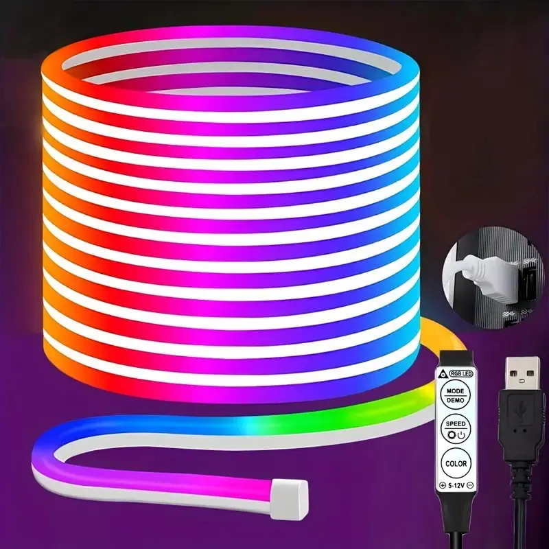 5V USB RGB Neon LED Strip Lights 3m 5m Flexible Night Light, Decorative neon light, Ambiance Enhancer, Rgb Lighting, 3-Key Remote Control, Multi-Color Brightness, USB Powered, DIY Decoration for Home, Christmas, Party, Festivals