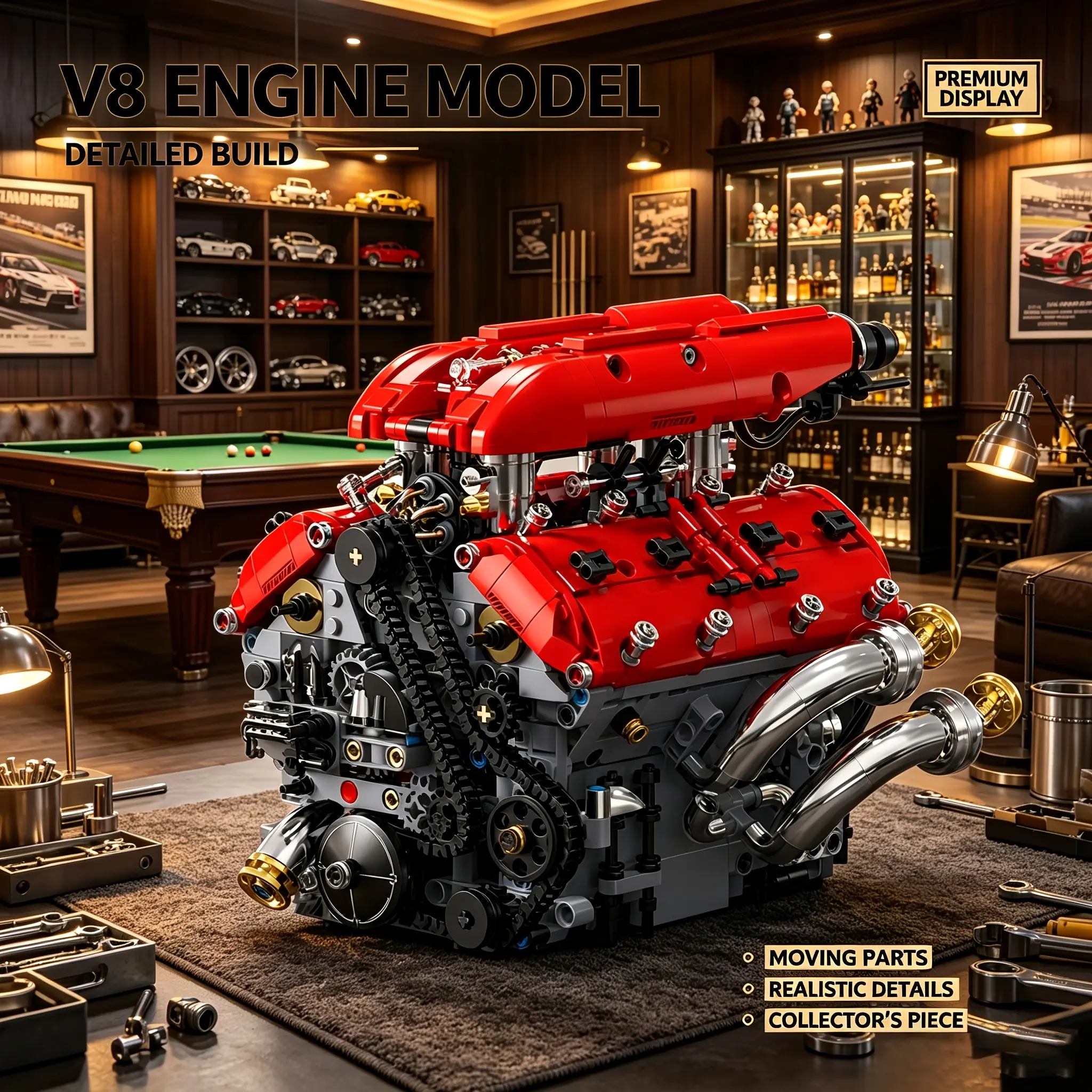 WEEKEND COME Working V8 Engine Assembly Kit - Adult Collectible Building Block Set, Model Gift, Home-Office Decorative Display Piece
