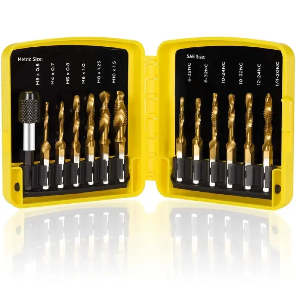 Combination Drill Tap & Tap Bit Set, 3-in-1 Titanium Coated Screw Tapping Bit Tool for Drilling, Tapping, Countersinking, with Quick-Change Adapter, 13 count SAE/Metric