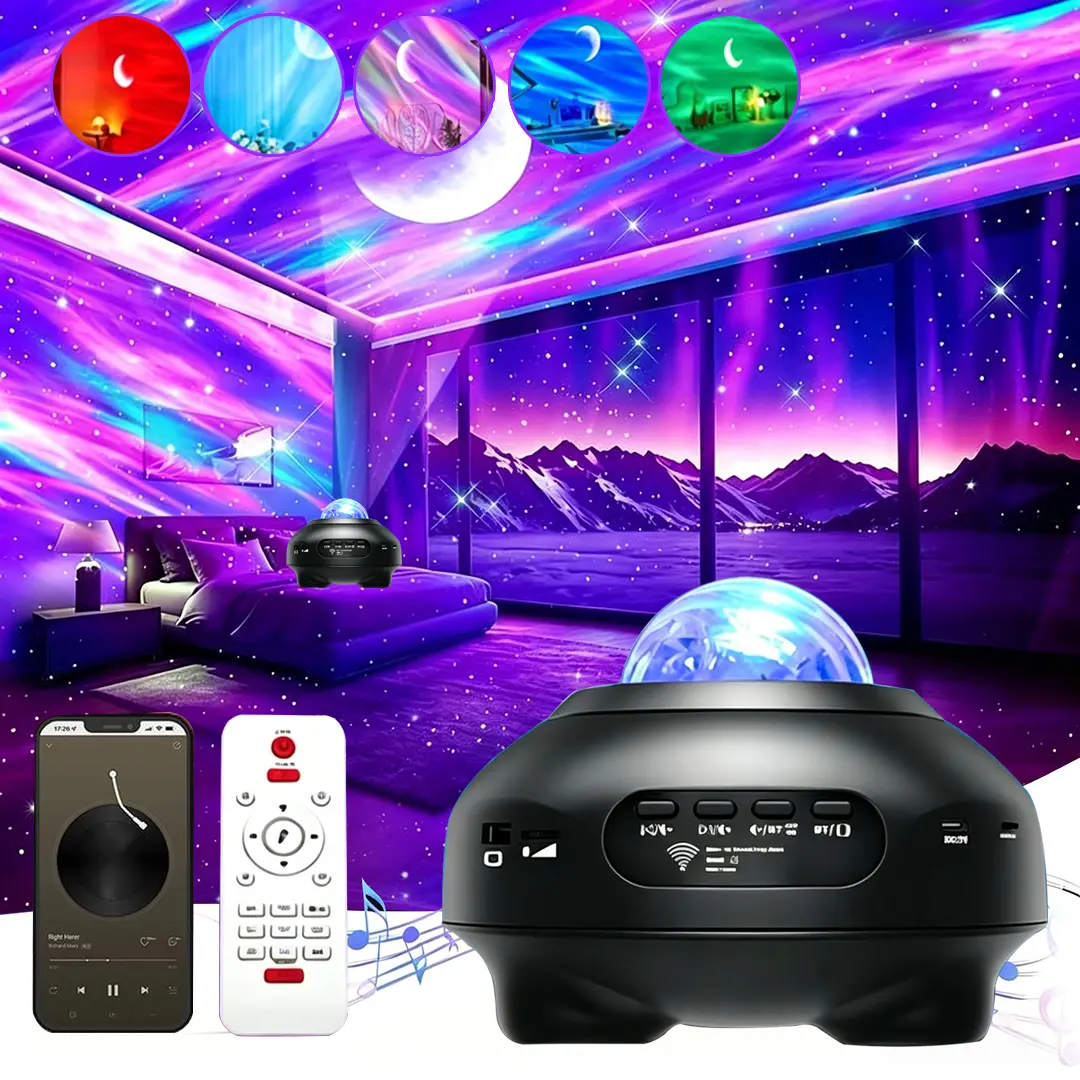 Black Dynamic Aurora Starry Sky Projector with Bluetooth Speaker, Ambient Audios, Remote Control, Phone-Connectable Space Lights, Aesthetic Room Decor for Teens Mini Birthday Gift, Celestial Aesthetic