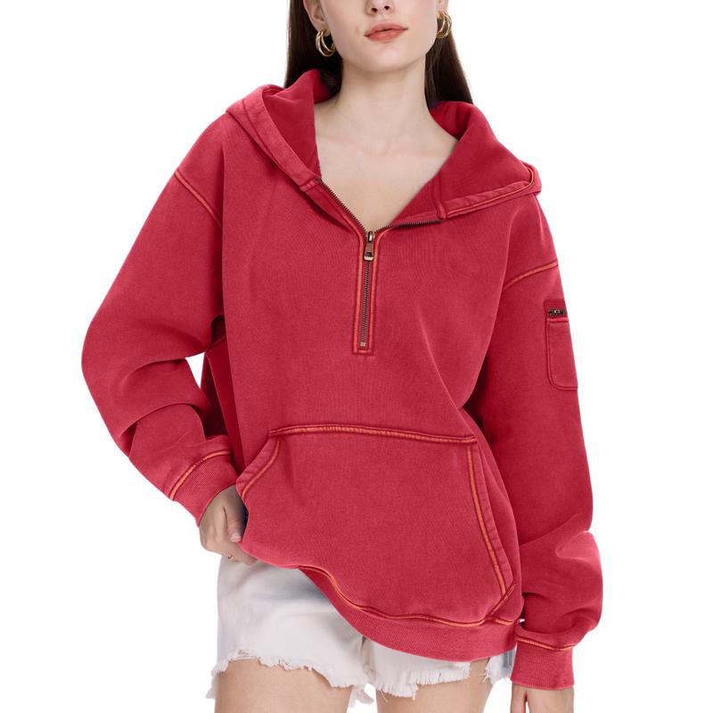 FAIABLE Hoodies Vintage Acid Washed Heavyweight Fleece Half Zip Unisex Hoodie for Women with Kangaroo Pocket & Earbud Sleeve Pocket Casual Aesthetic Streetwear Style Essential Comfort Hoodies