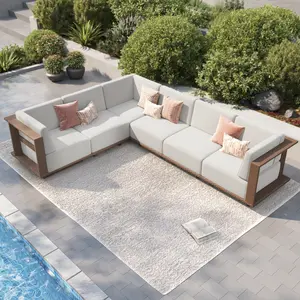 PHI VILLA Catalina Woodgrain HDPE Patio Sectional Rattan Sofa Set, 4/6 Seats Outdoor Patio Furniture Set,  Low Profile All Weather Yellow Rattan Conversation Sets for Deck Yard Lawn