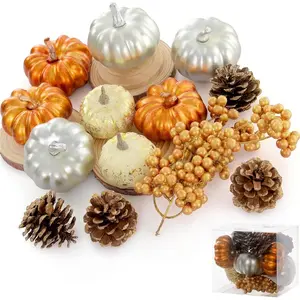 Pumpkin Decor - Halloween Pumpkin Set - 14 PCS Fall Decor Set - Including Mini Pumpkins, Pinecones, Foam Berries for Home DIY Table Centerpieces Fall Halloween Thanksgiving Filler Decor