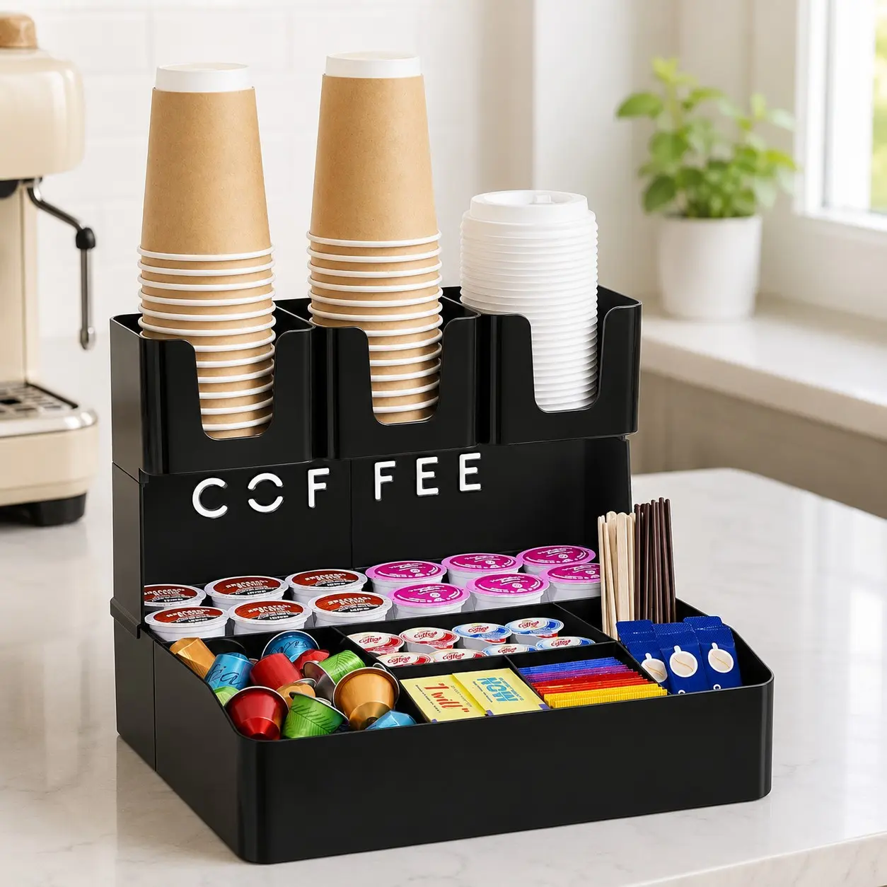2-tier Coffee Station Organizer, 10 Compartments, Black, Plastic | Countertop Coffee Bar Organizers for Cups, Pods, Sugar, Condiment Holders Storage for Office Breakroom Kitchen Home