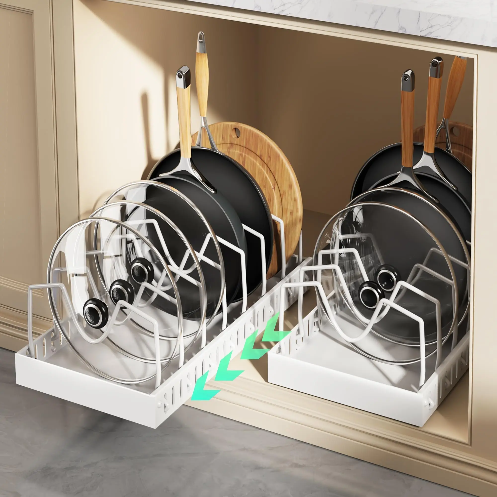 Natural Summertime Pull-Out Pots and Pans Organizer, Expandable Sliding Lid Holder and Pan Rack for Kitchen, Slide Out Inside Cabinet for Pot Lid, Bakeware, Pot Lid Organizer for Kitchen, Bakeware, Dishes, 10 Adjustable Dividers, 2 Pack Black
