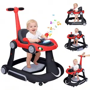 5 In 1 Baby Jump & Rocking & Trolley Walker With Car Steering Wheel & Music, Foldable Push Infant Walkers W/ 3 Height Adjustable & Anti-Slip Foot Pads For Boys Girls 6-18 Month Toddler,Black Red, Unisex, Car Theme