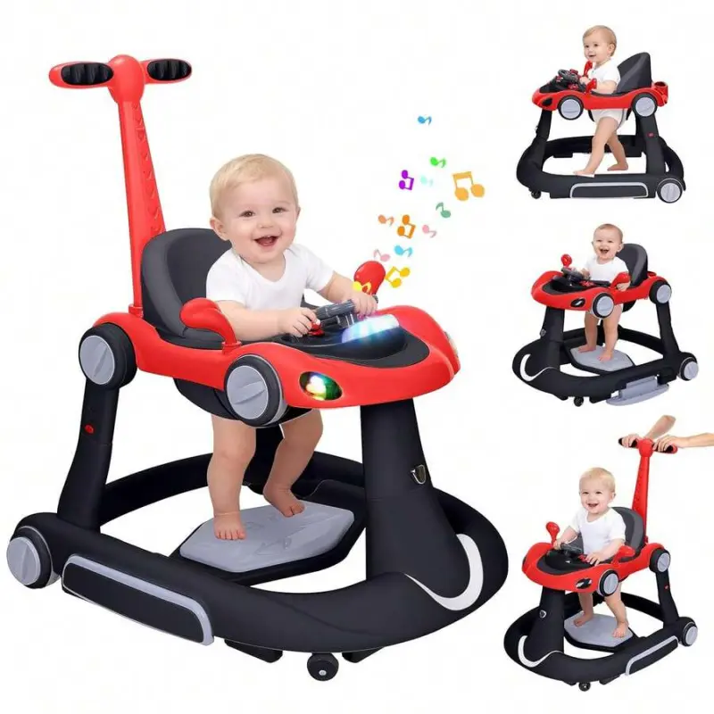 5 In 1 Baby Jump & Rocking & Trolley Walker With Car Steering Wheel & Music, Foldable Push Infant Walkers W/ 3 Height Adjustable & Anti-Slip Foot Pads For Boys Girls 6-18 Month Toddler,Black Red, Unisex, Car Theme