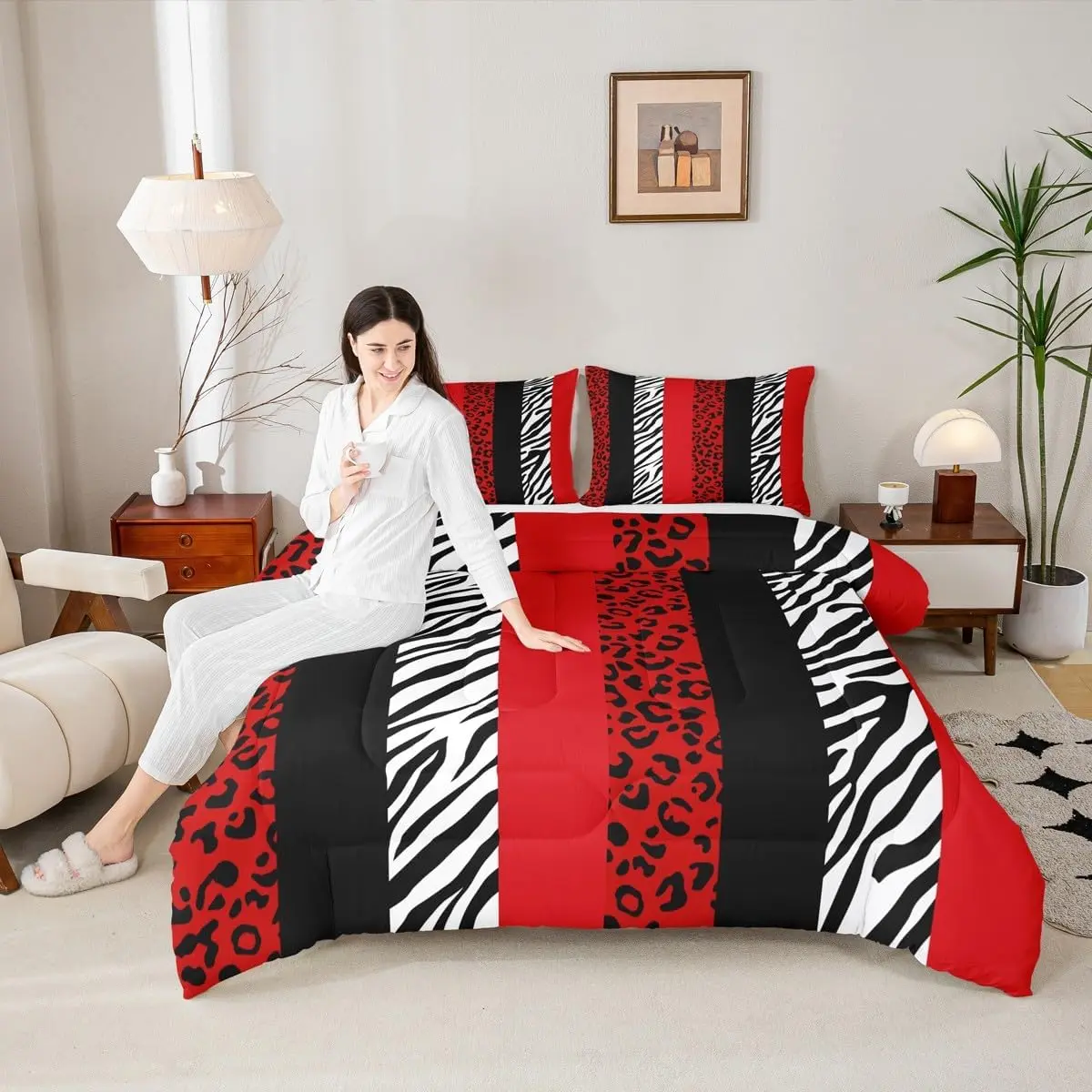 Leopard Print Comforter Set,Zebra Skin Texture Bedding Set Woman Room Decor,Striped Fashion Quilt Set Black White and Red Duvet Insert