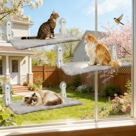Sturdy Cat Window Perch Foldable Cat Hammock for Window, 4 Strong Suction Cup, Support up to 40lbs, Machine Washable
