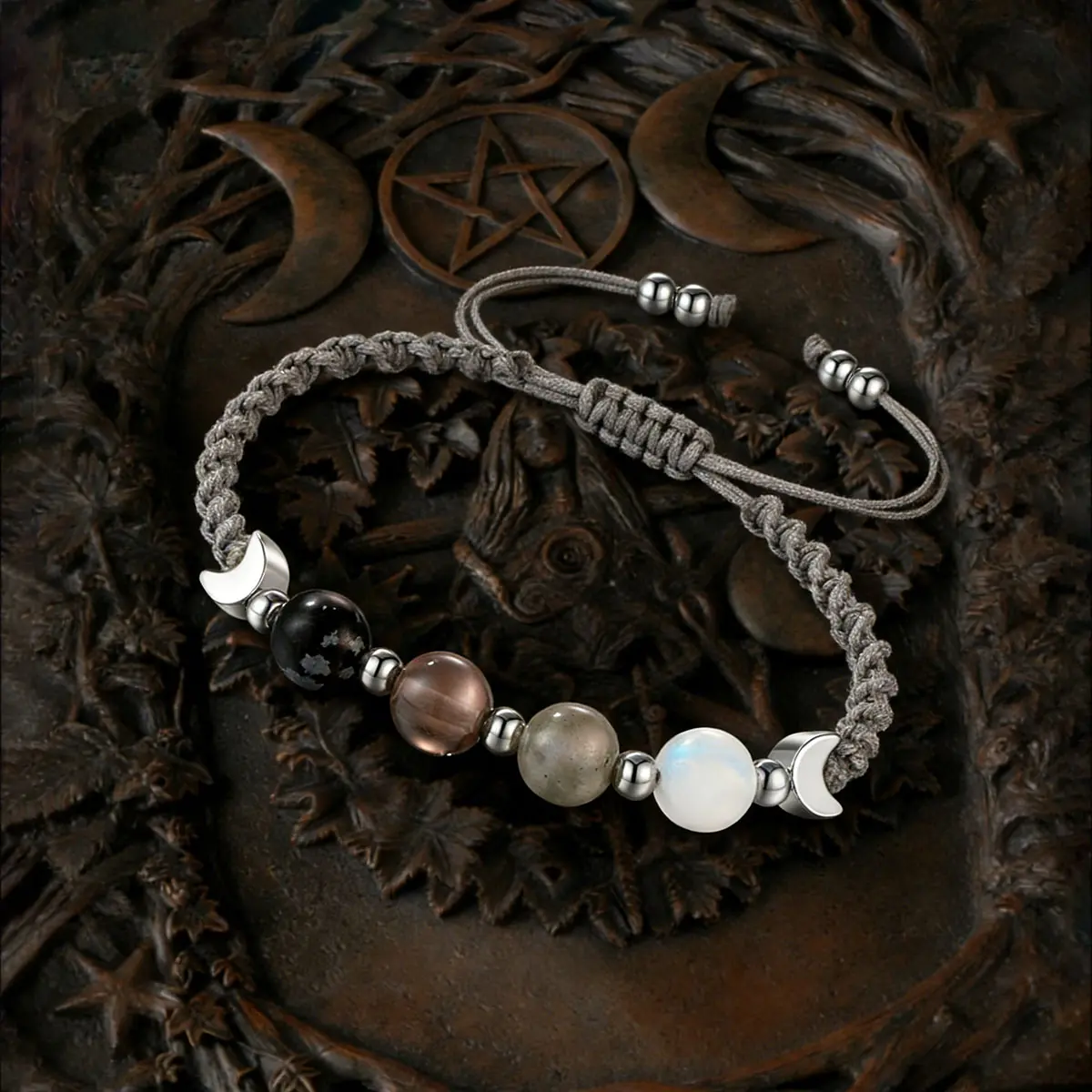 Witchy Natural Crystal Energy Bracelet - Moonstone, Obsidian, Smoky Quartz, Labradorite, Dark Gradient Beads, Soft Cord - Witchtok Everyday Wear Costume Jewelry for Clearing Negativity, Balancing Emotions, Crystal Beads, Dark Gradients