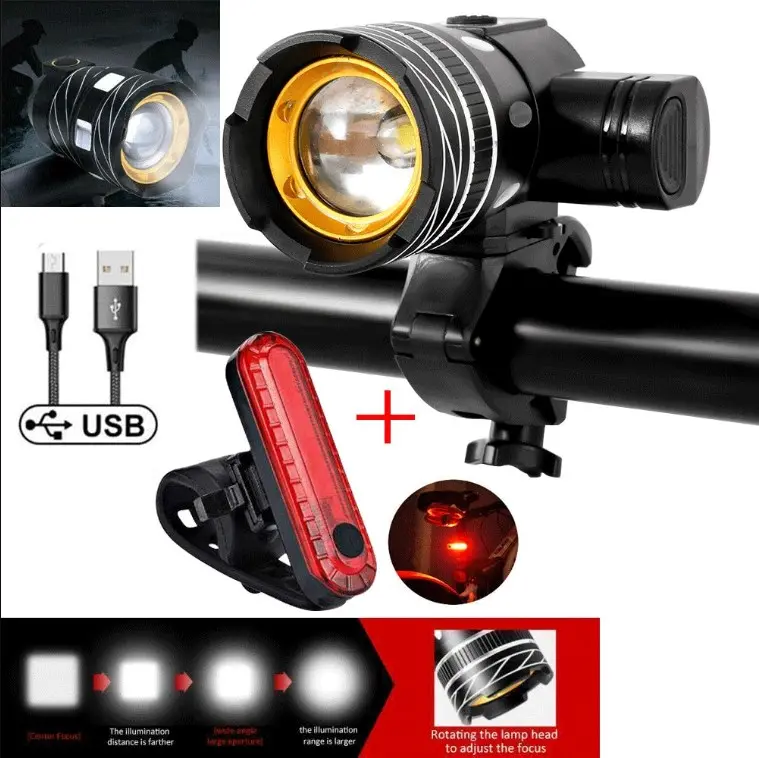 Super Bright LED Bike Light USB Rechargeable Bicycle Front Headlight+Rear Light IP44 Waterproof Bike Warning Lamp