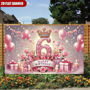 Summervibes 2D Flat, 2D Flat, Custom 2D Flat Banner - a Personalized Item Featuring a Name for a 6Th Birthday Celebration, Adorned with a Glamorous Pink Jeweled Crown Background. This Multifunctional Party