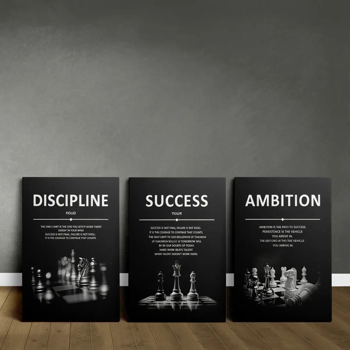 Woody 3-Piece Framed Wood Chess Wall Art Set - Custom Crafted, High-Resolution Glossy Waterproof Prints with Inspirational Quotes, Fade-Resistant, Precision-Detailed, Ready-to-Hang, Gift-Ready Home Office Decor