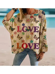 Butterfly Letter Print Long Sleeve Knit Top, Casual Elegant Vacation Style Sweater, Loose Batwing Shoulders, Spring Summer Fall Women's Clothing Knitwear