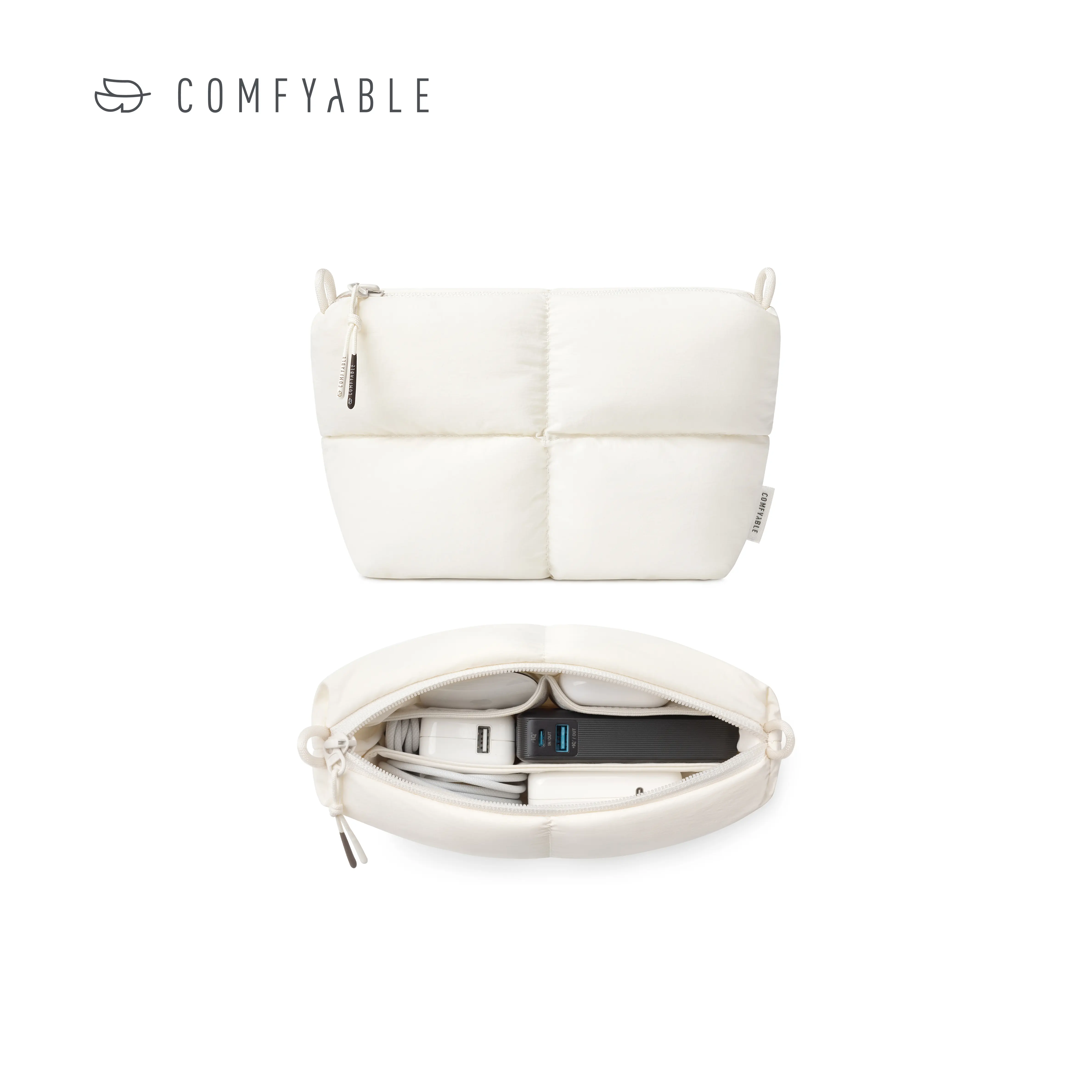 Comfyable Compact Puffy Waterproof Nylon Tech Storage Case with Hanging Loop, Cute Unisex Electronics Organizer for Charger, Phone, Power Bank, Cord, Travel-Friendly Functional Pouch, Travel Stuff, Pillow Quilted,back to school,back to school haul