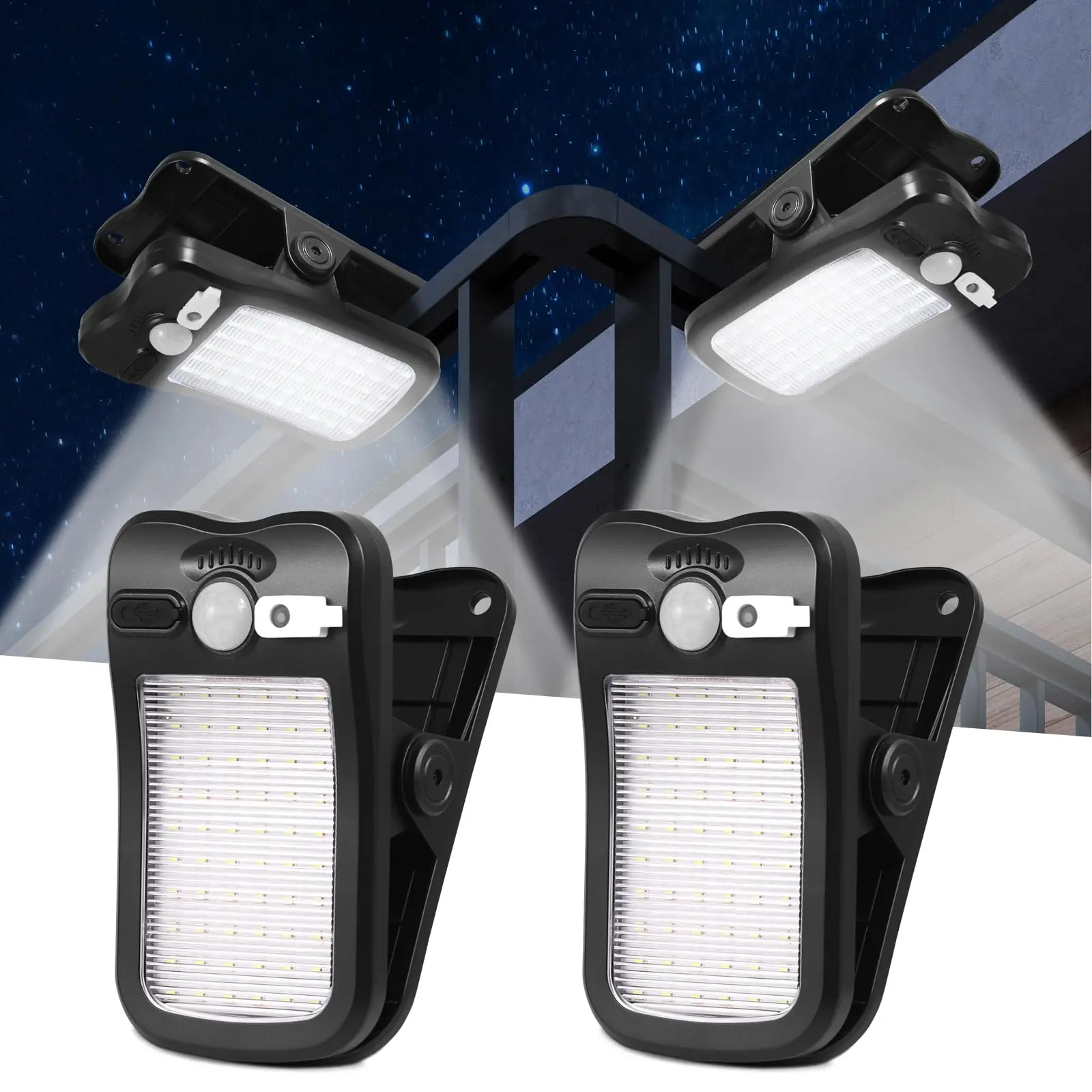 2-Pack Compact Plastic Solar Powered Clip-On Outdoor Lights with Motion Sensor, 60 LEDs (6000K), 1500mAh Dual-Charging Battery, IP65 Water Resistant Security Lights for Gutter, Fences, Halloween Lights