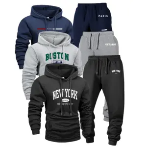 Men's 6-piece city-themed multi-color hooded set, featuring prints of Boston, New York, and other landmarks; comfortable fit for everyday outings and casual gatherings, showcasing American street style and carefree vibes