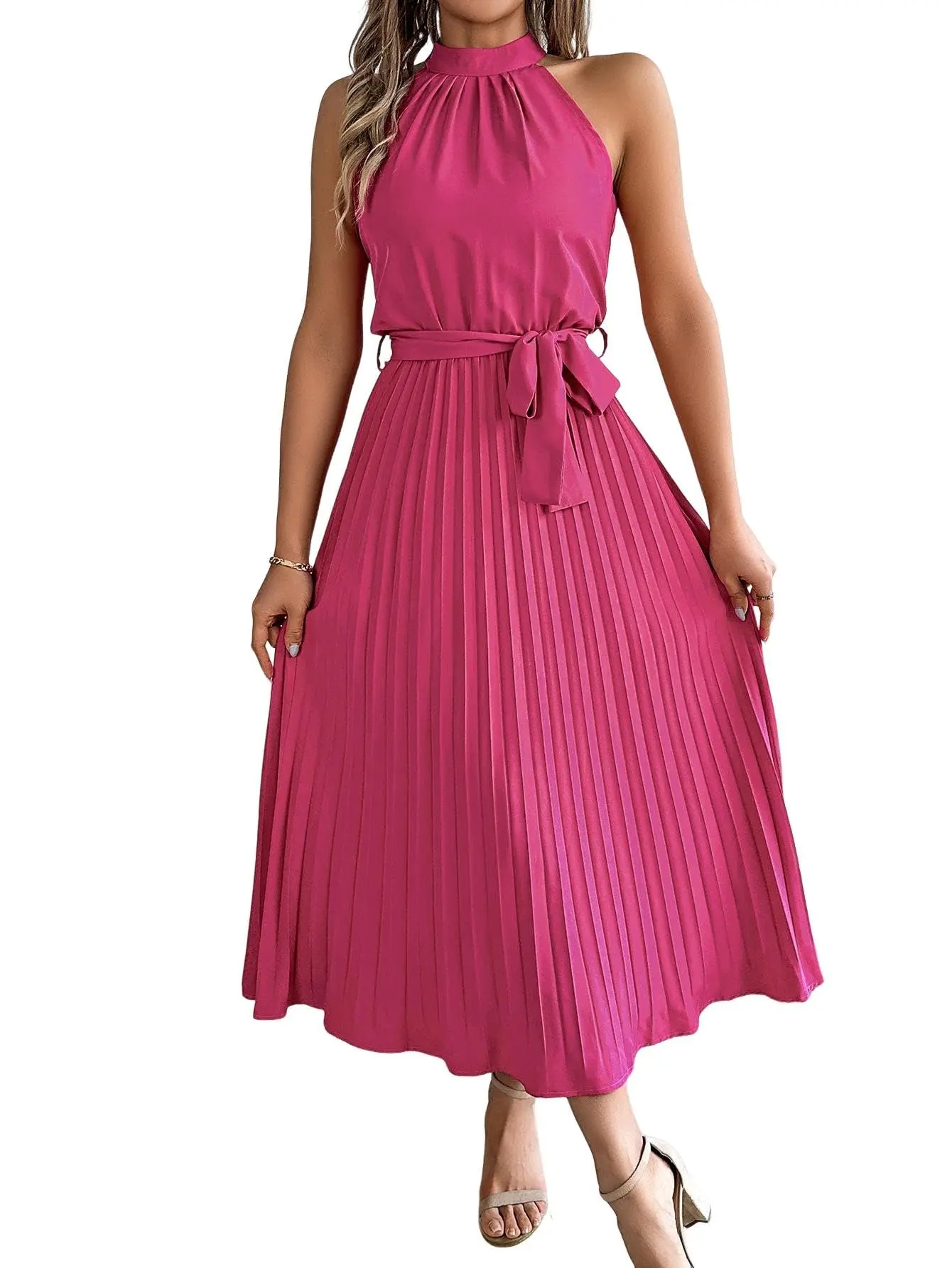 Women's Stand Collar Sleeveless Pleated Midi Dress with Waist Tie Elegant Casual Summer Dress 95% Polyester 5% Elastane Stretch Comfortable Slim Fit Solid Color Midi for Daily Wear   BYL