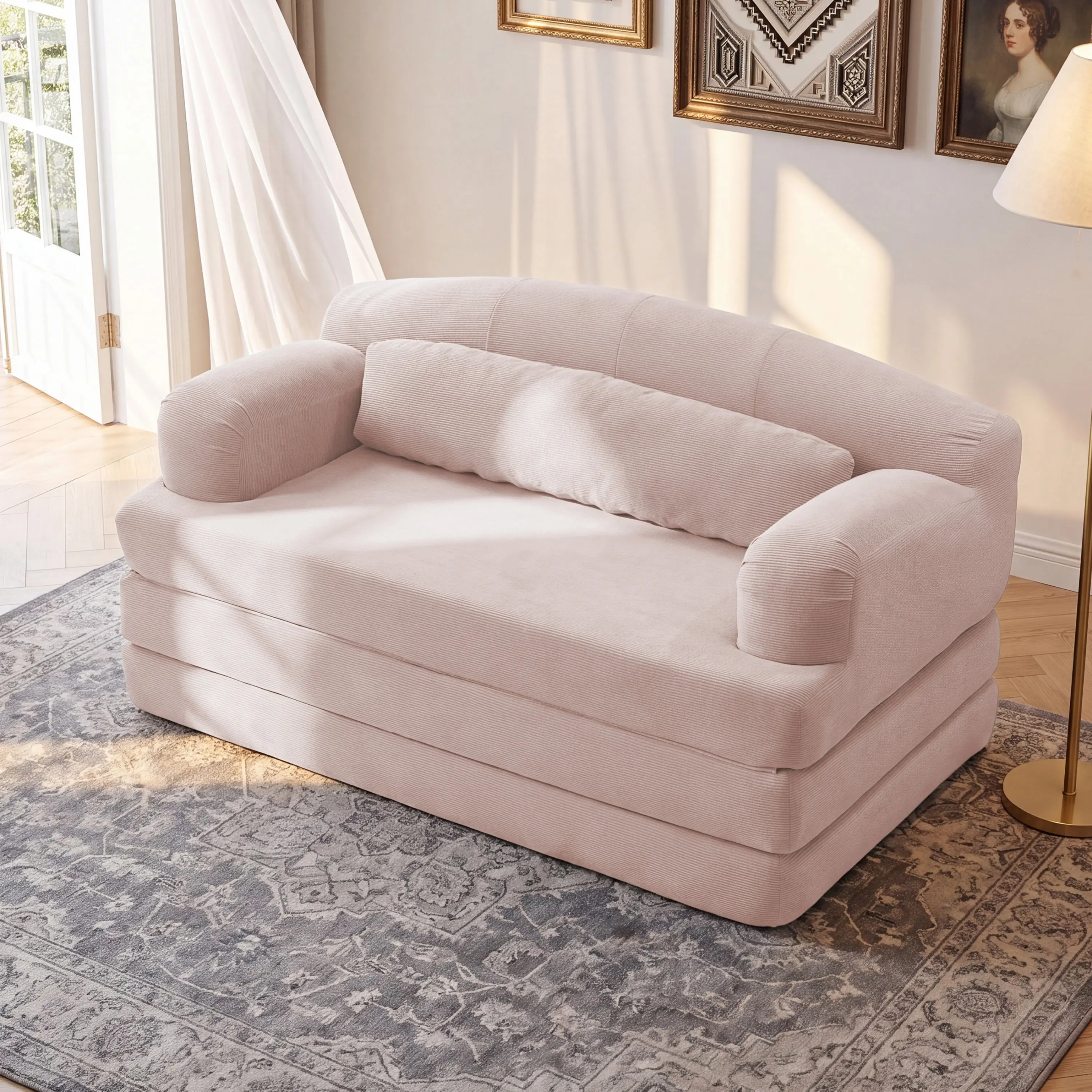 Foldable Corduroy Loveseat Sleeper Sofa Bed - High-Density Foam Convertible Couch(Pink)