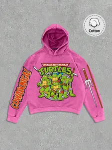 🔥 2026 trendy cartoon-style, vintage washed Teenage Mutant Ninja Turtles hoodie! The front features a print of the four Ninja Turtles, with the iconic "COWABUNGA!" on the sleeve. The back is designed like a turtle shell. With a loose fit, it's a streetwe