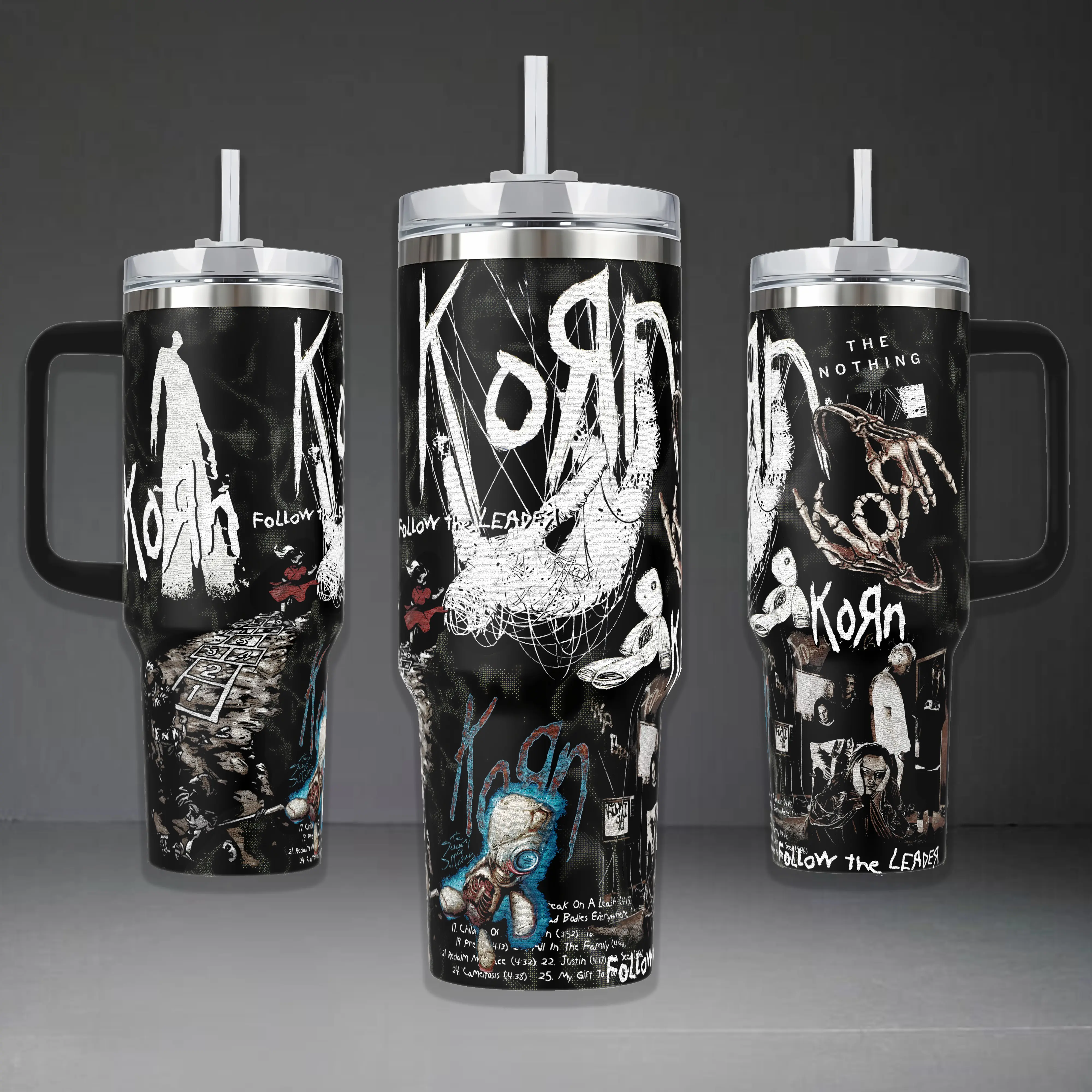 Korn Rock Band Insulated Tumbler - 40oz With Handle, 20oz No Handle, Follow The Leader/The Nothing Album Themed Cup, Gift For Metal Fans, Insulation