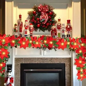 1 Pack 6.5 FT Christmas Poinsettia Flowers Garland Decorations, 10 LED Lighted Artificial Velvet String Lights With Red Berries, Xmas Ornaments For Indoor Outdoor Fireplace Decor Warm Toned Led Christmas Lights