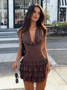 Women's Layered Ruffle Backless Sleeveless Dress, Chic Elegant Fit, Sexy Tie-Back Design, Y2K Street Fashion, Perfect for Vacation & Casual Wear