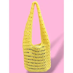 VivCrochets Textured Mesh Totebag 100% Cotton Crochet Banana Color with Striped Effect Pattern