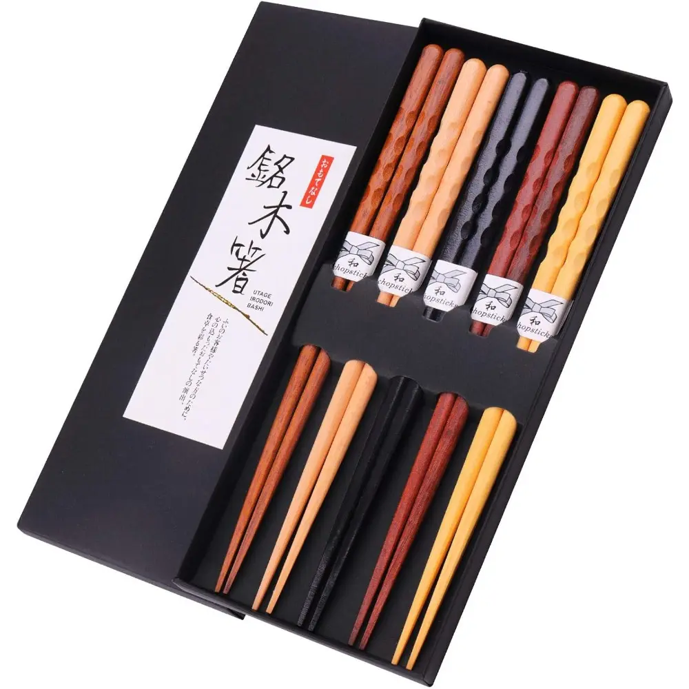 Reusable Wooden Chopsticks Set for Adults - 5 Pairs Japanese Classic Hand-Carved Head Cutlery, 8.8in/22.5cm Lightweight Safe Indonesian Rosewood Square Body Tableware for Eating Noodles, 1-Year Durability Gift Set
