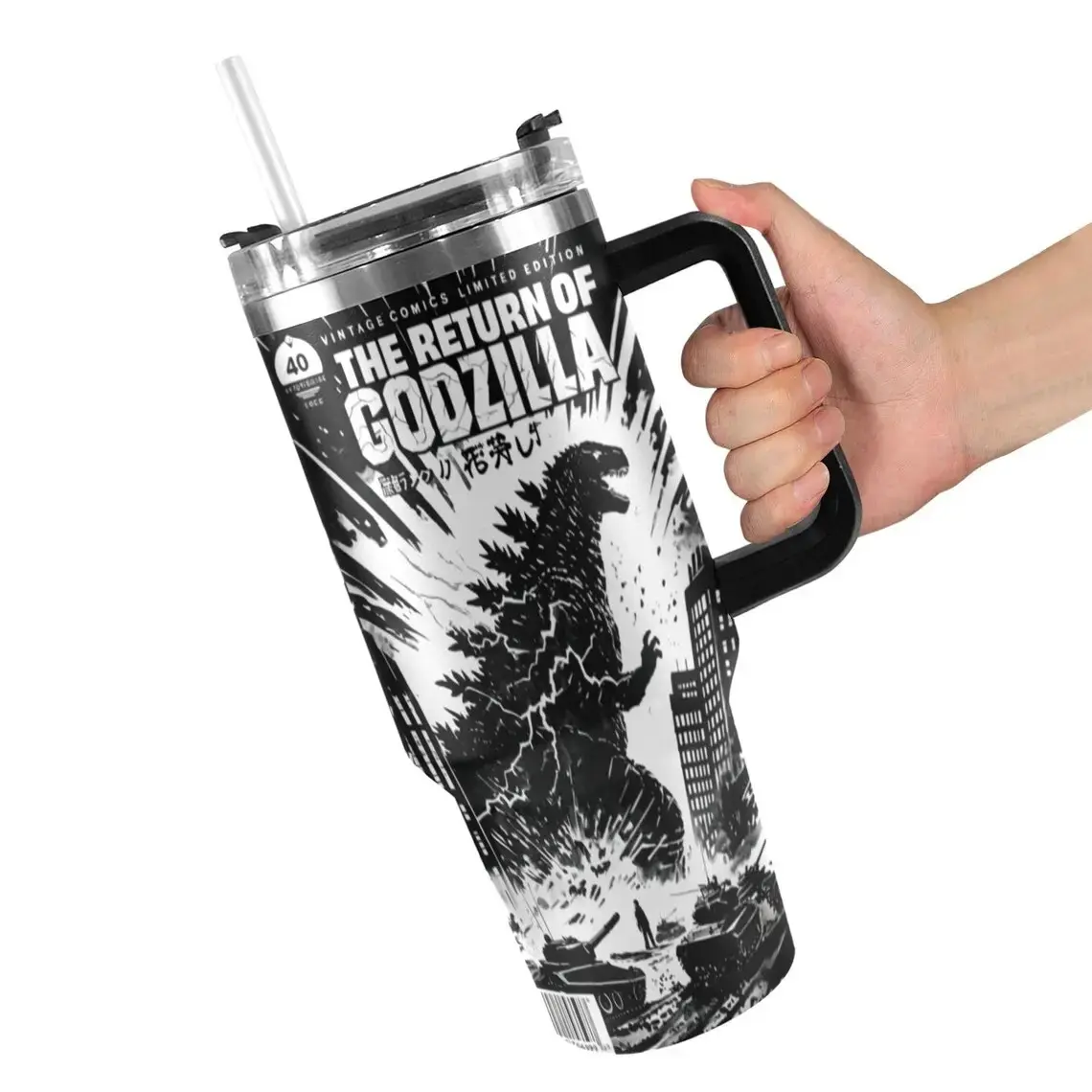 [Made in US] Godzilla 40oz Insulated Thermal Cup - Reusable Stainless Steel Vacuum Flask with Handle, Straw, 3-in-1 Rotating Lid - Leak-Proof, Portable Cool Gift for Monster Fans