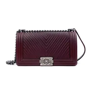 Pre-owned CHANEL · Shoulder Bags Le Boy Chevron Flap Bag (19 Series) in Burgundy with Silver Hardware