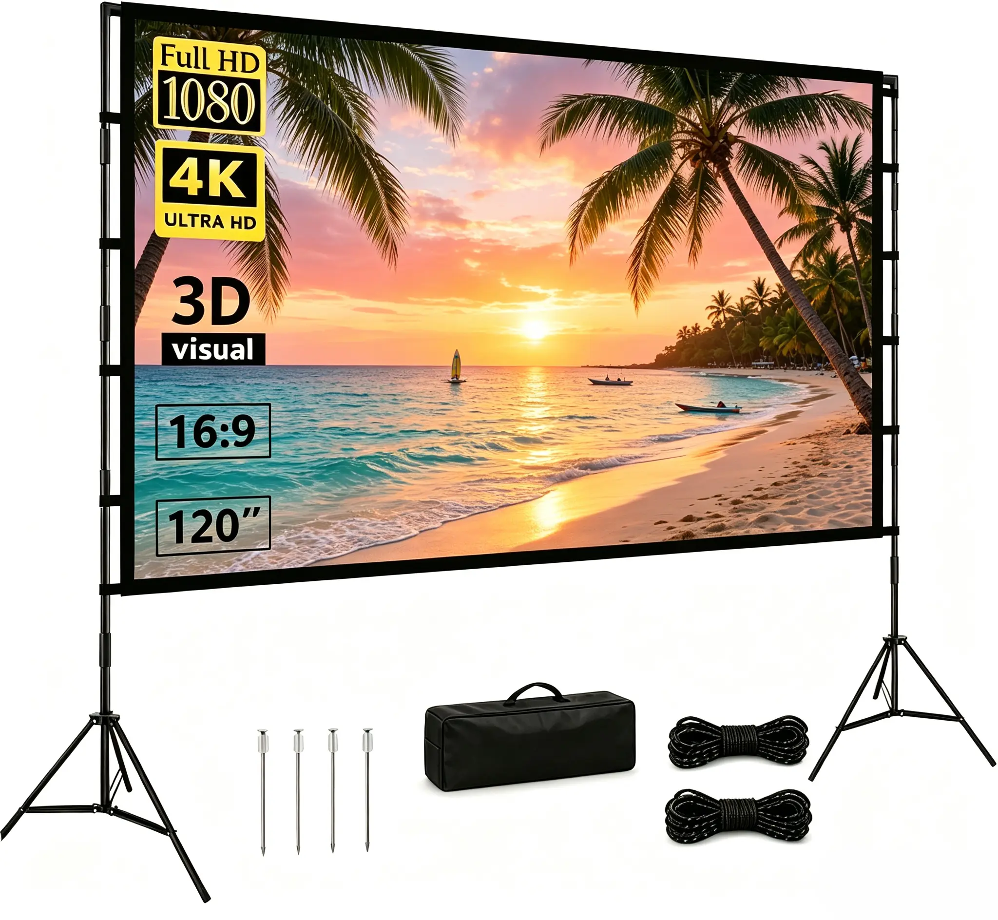 120 Inch Projector Screen with Stand, Portable 16:9 4K Front and Rear Projection Movie Screen, Portable Outdoor Projector Screen with Carry Bag for Home Backyard Theater Entertainment