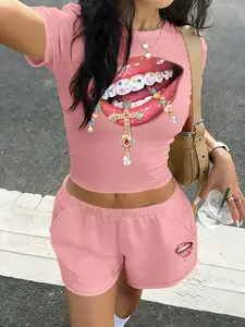 Women's Fashion Short Sleeve Top & Shorts Set, Diamond Lips Print, Sexy Style, Elastic Waist, Fitted, All Seasons, 2 Piece, Womenswear, Clothes