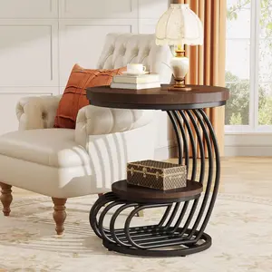 Tribesigns Rustic Round End Table: 2-Tier Side Table with Storage Shelves, Chic Arc-Shaped Frame Vintage End Table for Living Room, Bedroom space saving end table