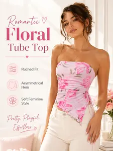 Women's Pink Floral Print Strapless Tube Top, Ruched Drawstring Asymmetric Hem Crop Top, Y2K Summer Beach & Going Out Cami, 2026 New