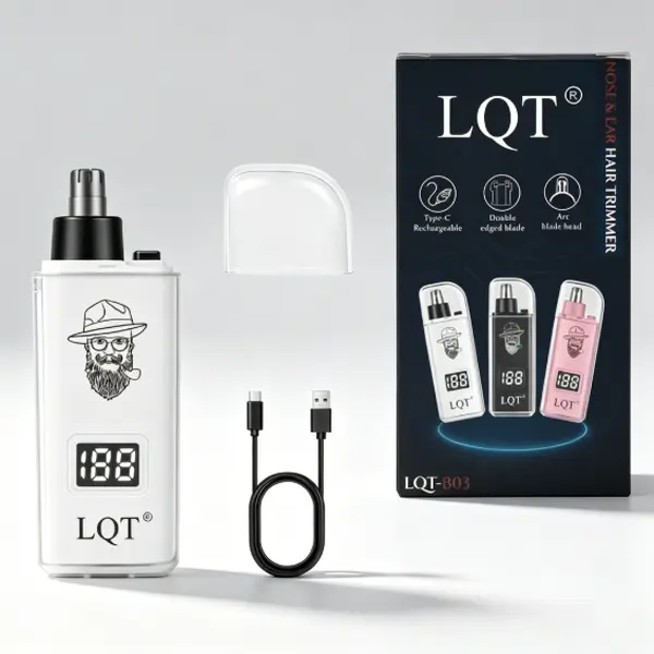 LQT Digital LCD Nose & Ear Hair Trimmer for Men, Type-C USB Rechargeable Double Edged Arc Blade Electric Nasal Hair Remover, Portable Waterproof Painless Nostril Ear Hair Grooming Tool with Protective Cap