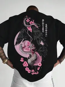Men's Raven Snake Print T-Shirt, Casual Long Sleeve Jersey, Comfortable H-Type Fit, All-Season Streetwear, Perfect for Outdoor Activities, Menswear Fashion