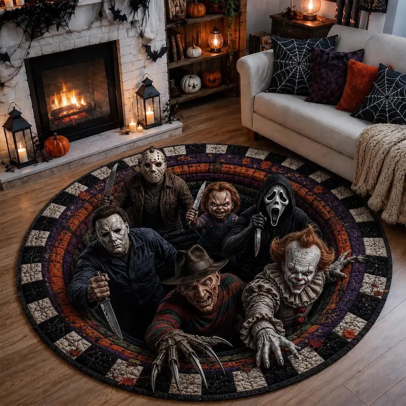 3D Horror Halloween Rug, Killer Character Area Rug, Scary Movie Inspired Round Floor Mat, Spooky Haunted House Decor