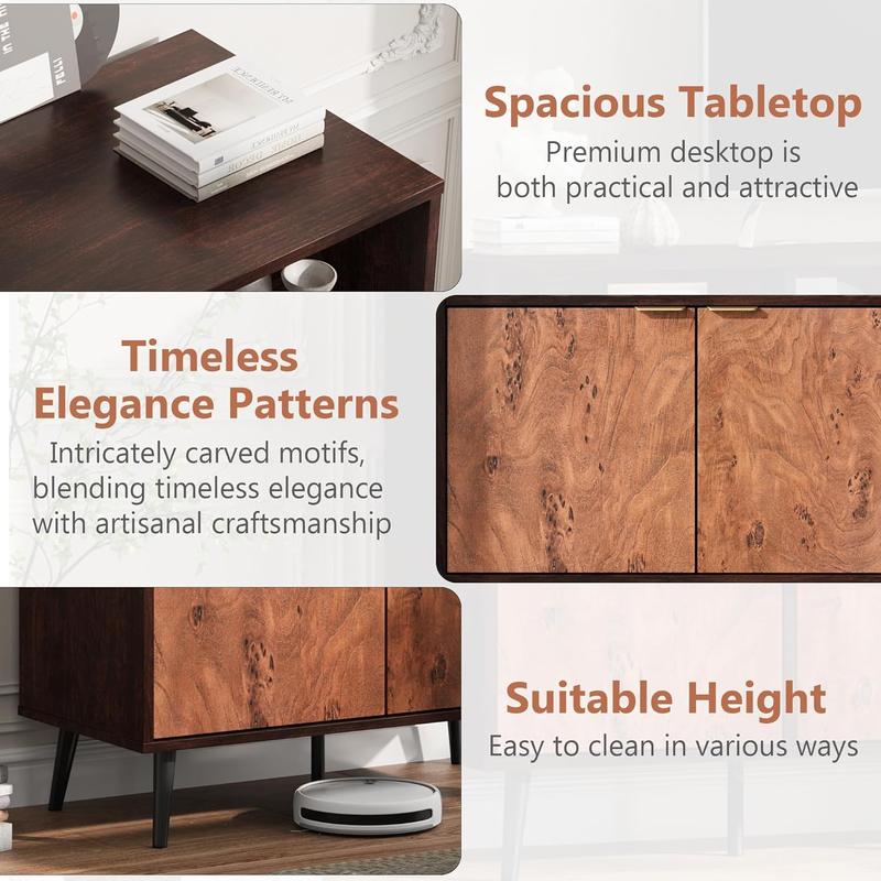 Buffet Cabinet with Drawers, 31.5'' Large Sideboard Buffet Credenza Storage Cabinet with Shelves, Doors and Metal Handle, Robot Vacuum Friendly (Walnut)