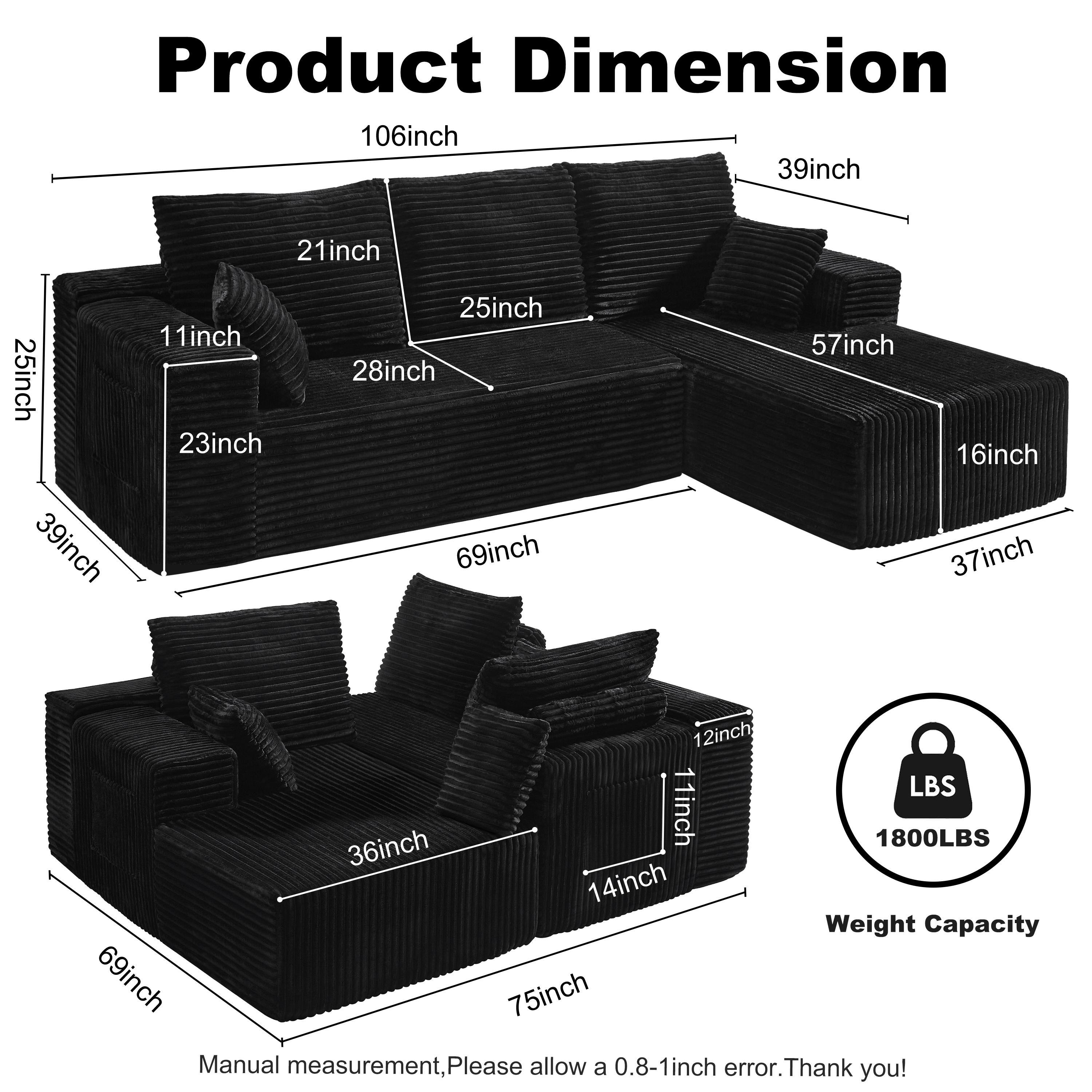 106" L-Shaped Modular Sectional Sofa with Chaise, modern Boneless Comfy soft plush Corduroy Fluffy   Couches  with Deep Seat, Flexible Module Combination for Living Room, No Assembly
