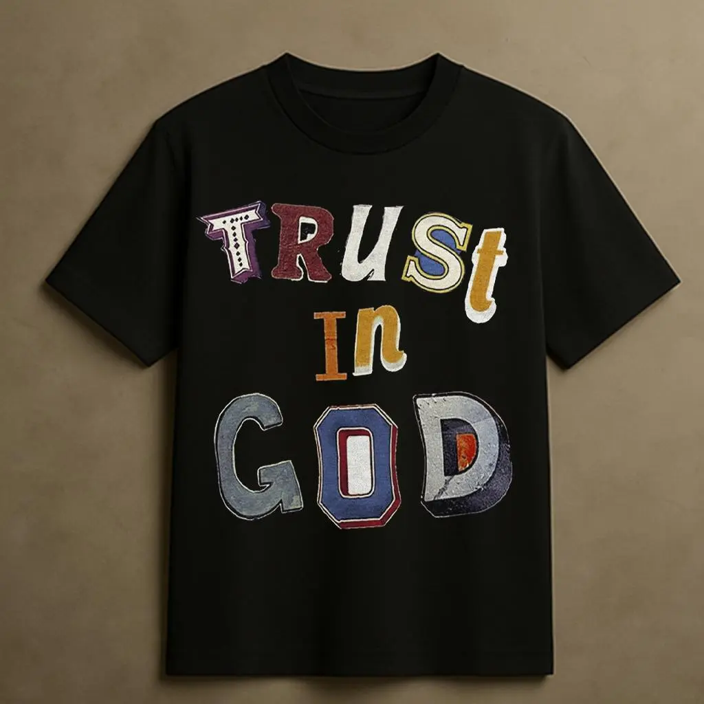 Vintage Varsity Patchwork Letter Trust In God Graphic T-Shirt Men Women Retro Faith Christian Cotton Tee
