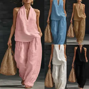 2026 Spring/Summer Hot-Selling French-Style Elegant Halter Neck V-Neck Backless Top with Cool Comfort and Slimming Effect, Paired with Wide-Leg Pants Set